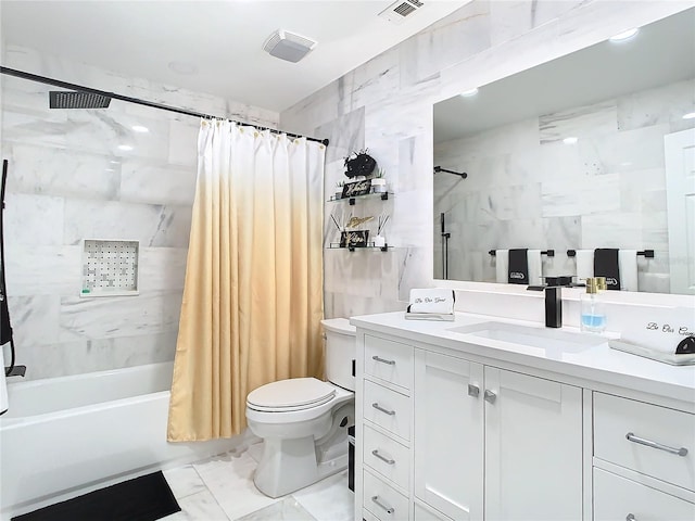 full bathroom with tile walls, vanity, shower / bath combo, and toilet