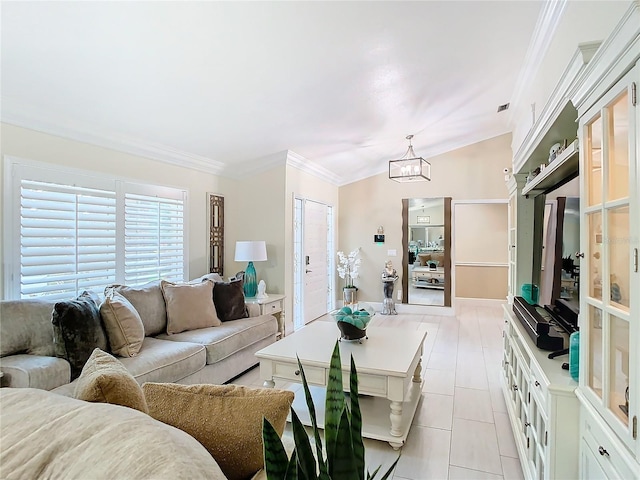 tiled living room featuring an inviting chandelier and ornamental molding