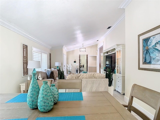 living room featuring ornamental molding, light tile patterned floors, and vaulted ceiling