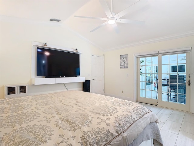 bedroom with access to exterior, ceiling fan, and vaulted ceiling