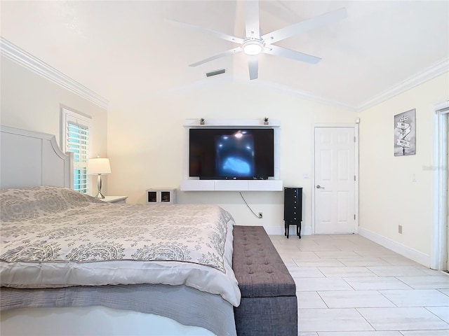 tiled bedroom with ornamental molding, vaulted ceiling, and ceiling fan