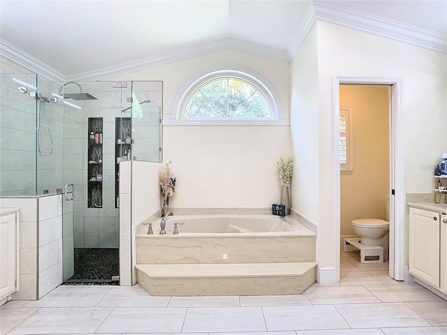 full bathroom featuring lofted ceiling, toilet, ornamental molding, vanity, and plus walk in shower