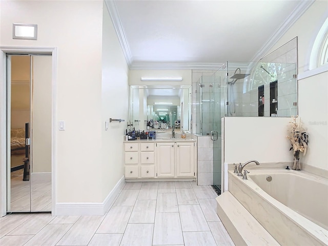 bathroom with vanity, crown molding, and independent shower and bath