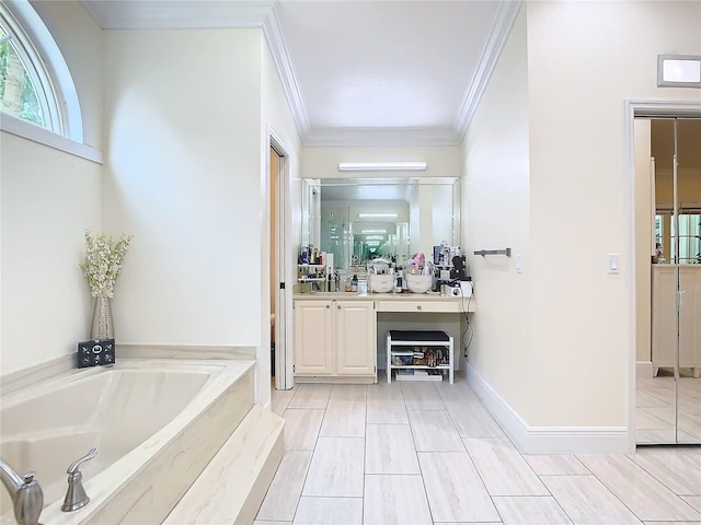 bathroom featuring vanity, ornamental molding, and a washtub