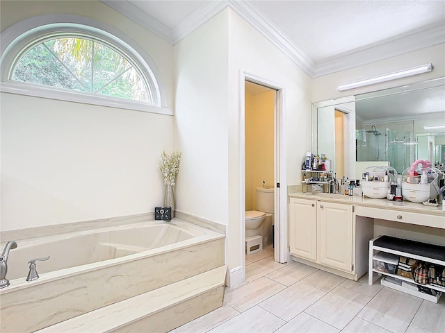 full bathroom with vanity, ornamental molding, shower with separate bathtub, and toilet