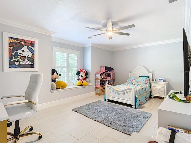 bedroom featuring crown molding and ceiling fan