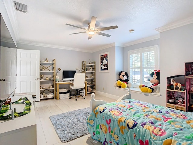 bedroom featuring ceiling fan, crown molding, and a textured ceiling