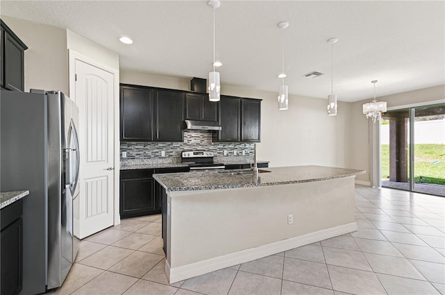 kitchen with decorative backsplash, a center island with sink, appliances with stainless steel finishes, pendant lighting, and sink