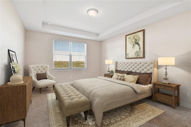 carpeted bedroom with a tray ceiling