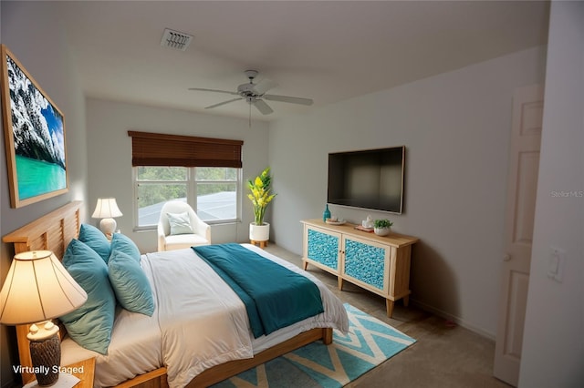 bedroom featuring carpet flooring and ceiling fan