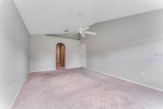 unfurnished room with light carpet, lofted ceiling, and ceiling fan