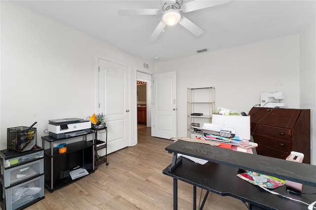 office area featuring ceiling fan and light hardwood / wood-style floors