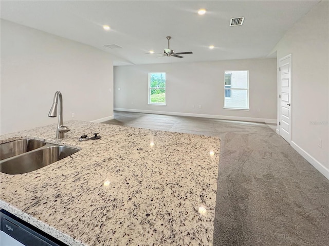 kitchen with carpet, sink, light stone counters, and a healthy amount of sunlight