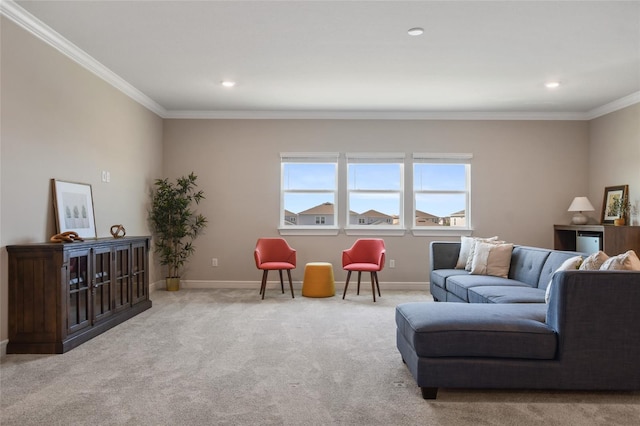 carpeted living room with crown molding