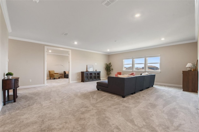 carpeted living room with ornamental molding