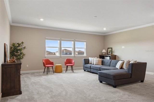 living room with ornamental molding and light colored carpet