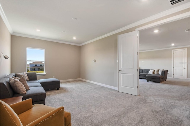 living room featuring crown molding and light carpet