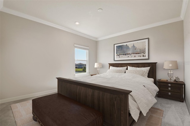 bedroom with light carpet and crown molding