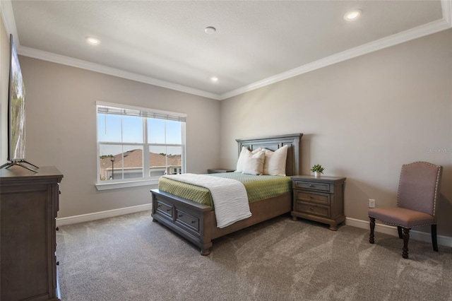 bedroom with crown molding and carpet flooring