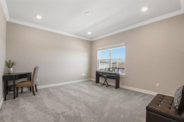 carpeted office space featuring ornamental molding