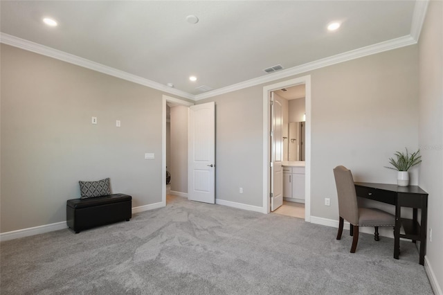 carpeted home office featuring ornamental molding