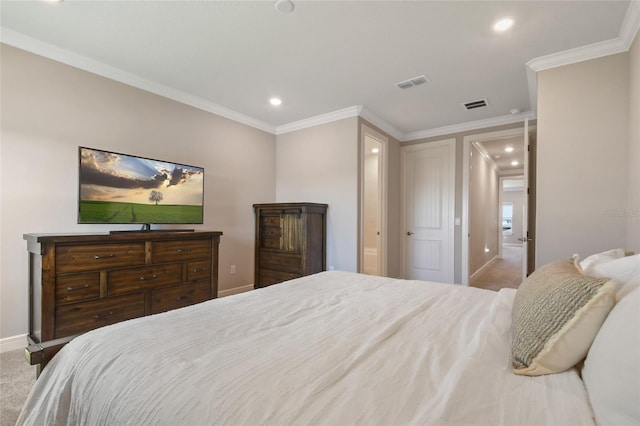 bedroom featuring ornamental molding and carpet floors