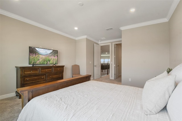 bedroom featuring ornamental molding and light colored carpet