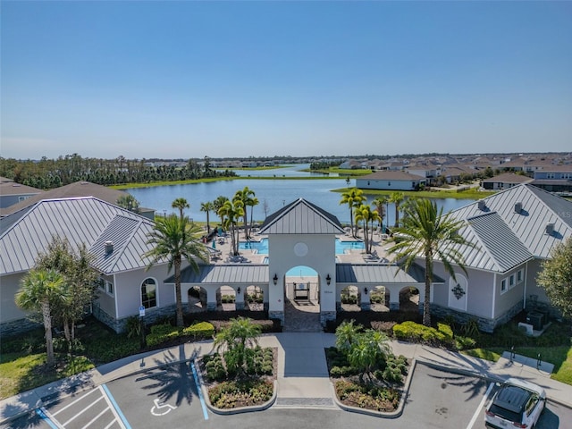 aerial view featuring a water view