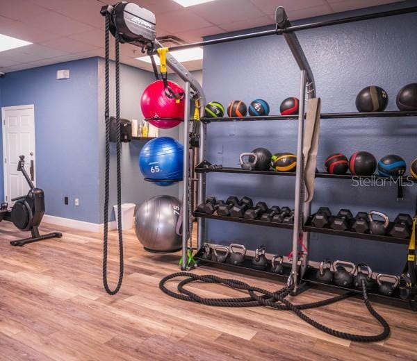 workout area featuring wood-type flooring