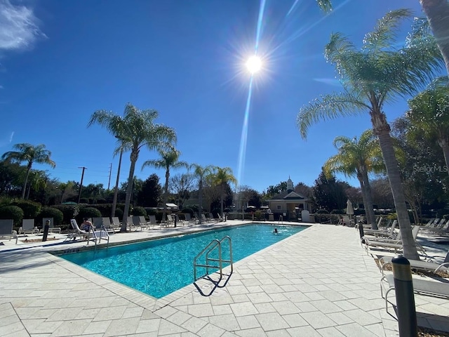 view of swimming pool featuring a patio area