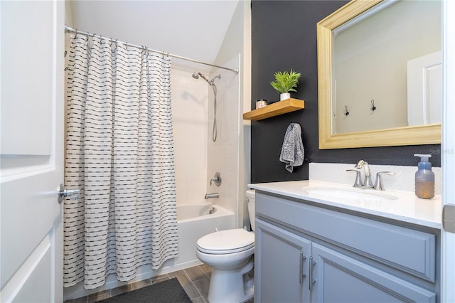 full bathroom with toilet, wood-type flooring, shower / tub combo with curtain, lofted ceiling, and vanity