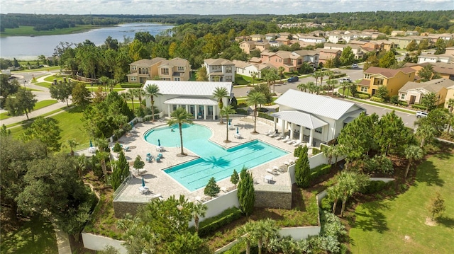 drone / aerial view with a water view