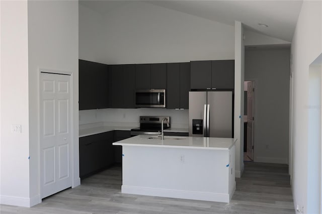 kitchen featuring a center island with sink, sink, light wood-type flooring, and stainless steel appliances