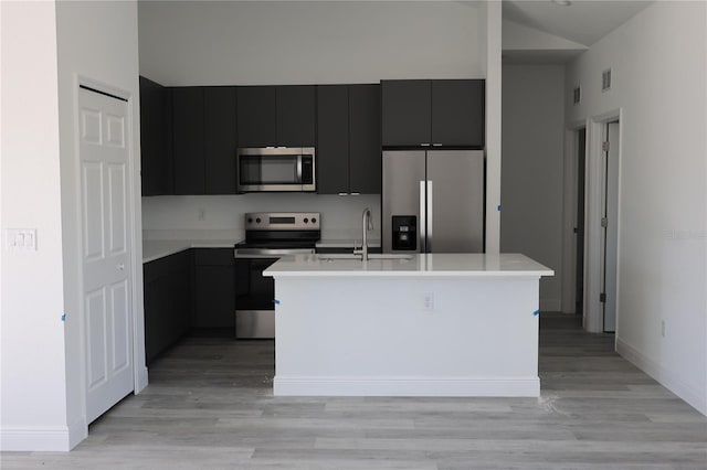 kitchen featuring appliances with stainless steel finishes, light wood-type flooring, a kitchen island with sink, and sink