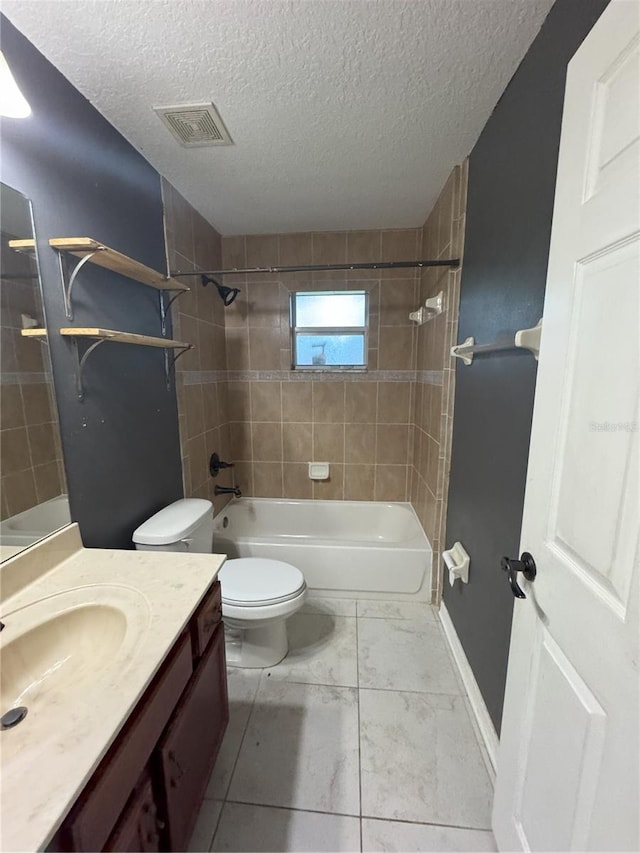 bathroom with a textured ceiling, toilet, shower / bathing tub combination, visible vents, and vanity