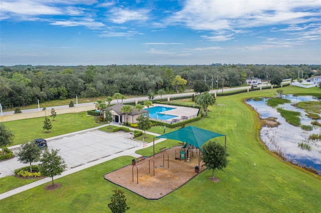 drone / aerial view featuring a water view