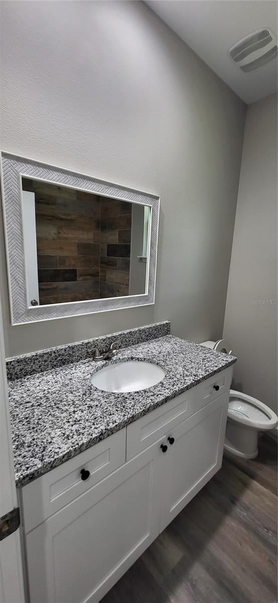 bathroom with toilet, hardwood / wood-style floors, and vanity