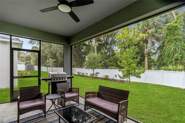 890 Terrapin Dr, Debary, FL 32713 - sunroom / solarium featuring a ceiling fan and an outdoor hangout area