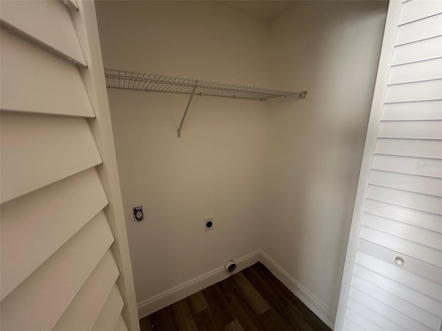 laundry area featuring electric dryer hookup and dark hardwood / wood-style flooring