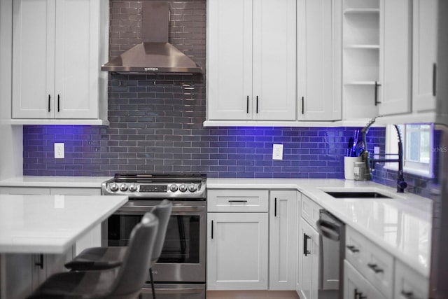 kitchen featuring appliances with stainless steel finishes, white cabinetry, sink, backsplash, and wall chimney range hood