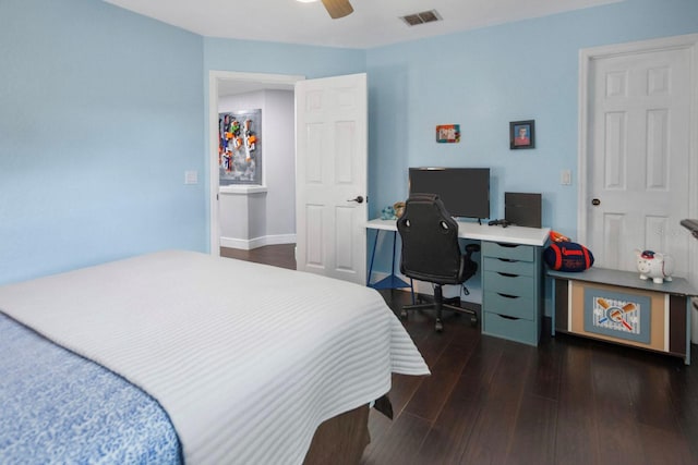 bedroom featuring dark wood-type flooring and ceiling fan