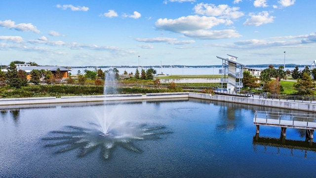 view of swimming pool with a water view