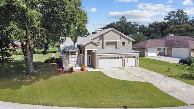 view of property featuring a garage and a front yard