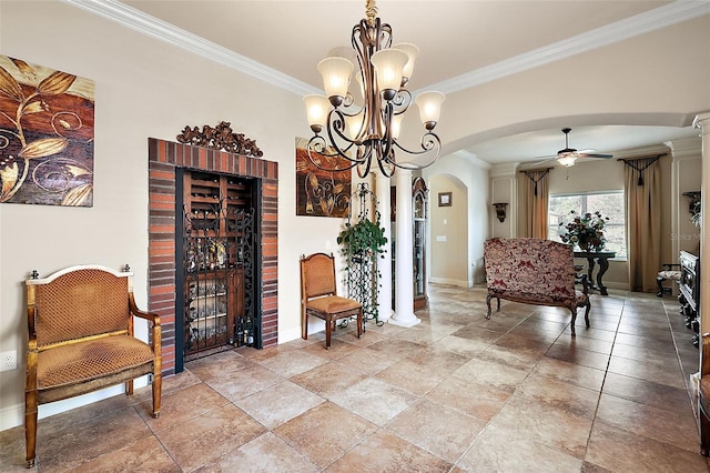 212 Crestrun Loop, Leesburg, FL 34748 - sitting room with arched walkways, ornamental molding, baseboards, and ceiling fan