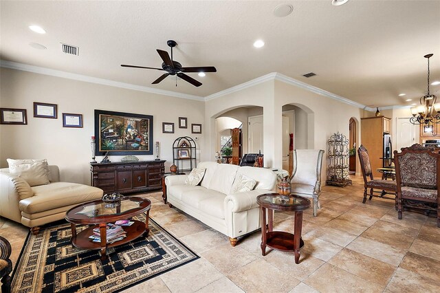212 Crestrun Loop, Leesburg, FL 34748 - living room featuring arched walkways, ceiling fan, ornamental molding, recessed lighting, and a chandelier