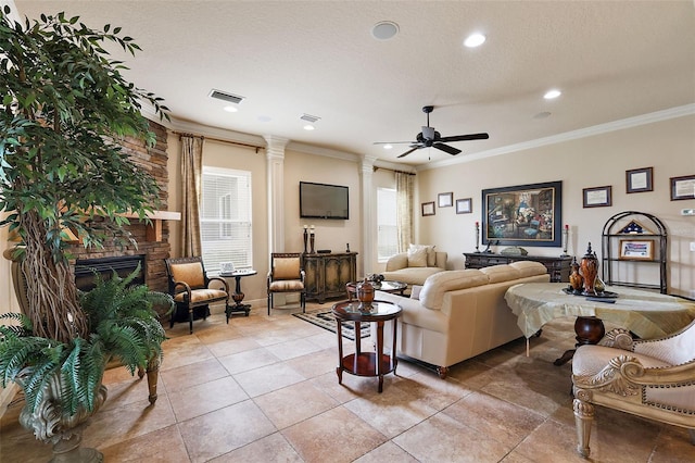 212 Crestrun Loop, Leesburg, FL 34748 - living room with ceiling fan, ornamental molding, recessed lighting, decorative columns, and baseboards
