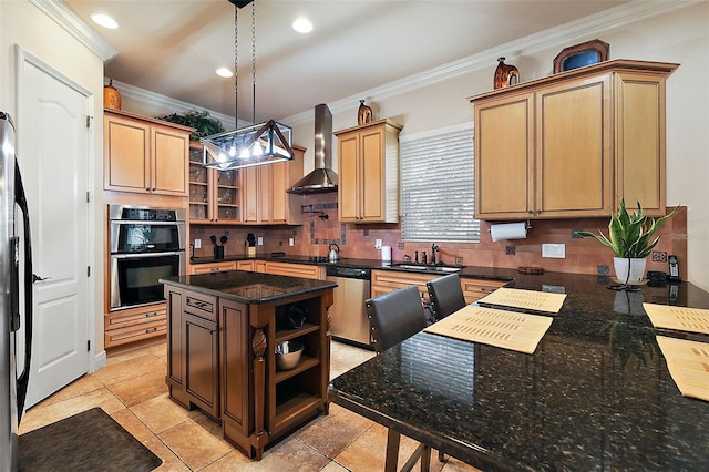 212 Crestrun Loop, Leesburg, FL 34748 - kitchen featuring appliances with stainless steel finishes, wall chimney exhaust hood, open shelves, crown molding, and a sink