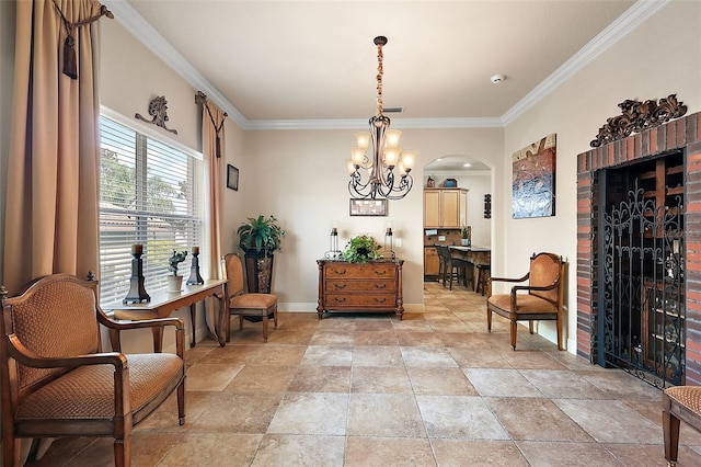 212 Crestrun Loop, Leesburg, FL 34748 - sitting room featuring crown molding, arched walkways, baseboards, a chandelier, and light stone finish flooring