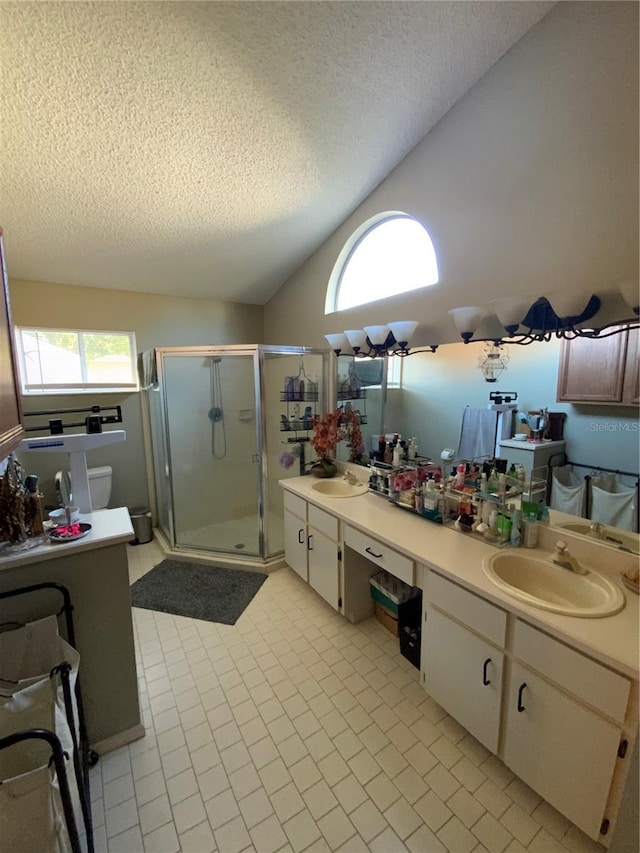 bathroom with a shower with door, a textured ceiling, tile patterned floors, vaulted ceiling, and vanity