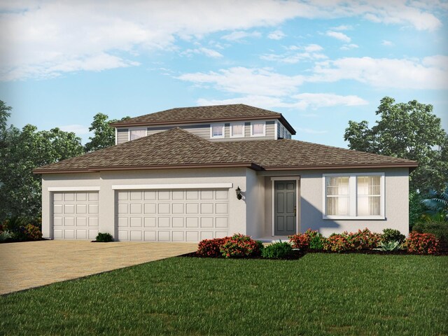 traditional home featuring driveway, a shingled roof, a front yard, and a garage